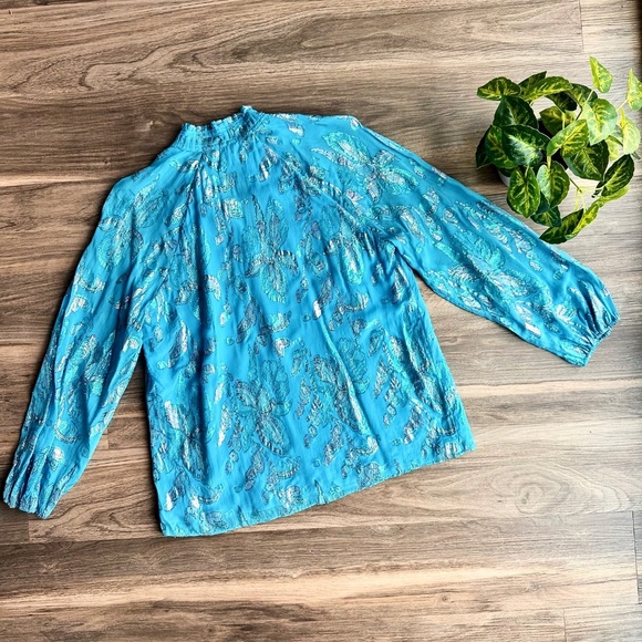 Lilly Pulitzer Galiana Ocean Breeze Multi Flora Metallic Clip Silk Blouse Size S - Picture 11 of 14